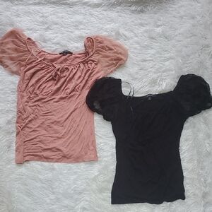 Chic Women's Puff Sleeve Blouses - Black and Peach